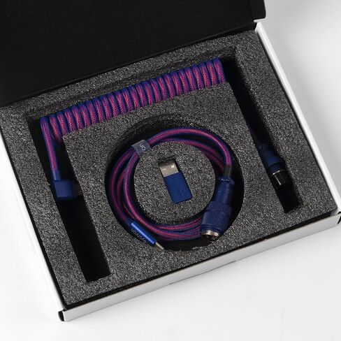 كابل Keychron Premium ملفوف USB-C بزاوية أرجوانية، موصل معدني قابل للفصل 5-Pin GX16، محول USB-A، تصميم مزدوج الأكمام، للوحات المفاتيح الميكانيكية، الشحن ومزامنة البيانات in Kuwait