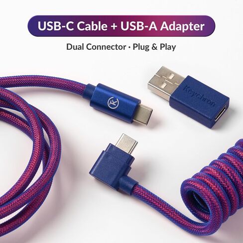 كابل Keychron Premium ملفوف USB-C بزاوية أرجوانية، موصل معدني قابل للفصل 5-Pin GX16، محول USB-A، تصميم مزدوج الأكمام، للوحات المفاتيح الميكانيكية، الشحن ومزامنة البيانات in Kuwait