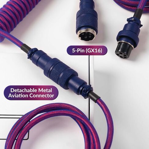 كابل Keychron Premium ملفوف USB-C بزاوية أرجوانية، موصل معدني قابل للفصل 5-Pin GX16، محول USB-A، تصميم مزدوج الأكمام، للوحات المفاتيح الميكانيكية، الشحن ومزامنة البيانات in Kuwait