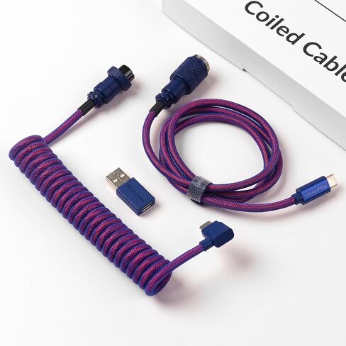 كابل Keychron Premium ملفوف USB-C بزاوية أرجوانية، موصل معدني قابل للفصل 5-Pin GX16، محول USB-A، تصميم مزدوج الأكمام، للوحات المفاتيح الميكانيكية، الشحن ومزامنة البيانات in Kuwait