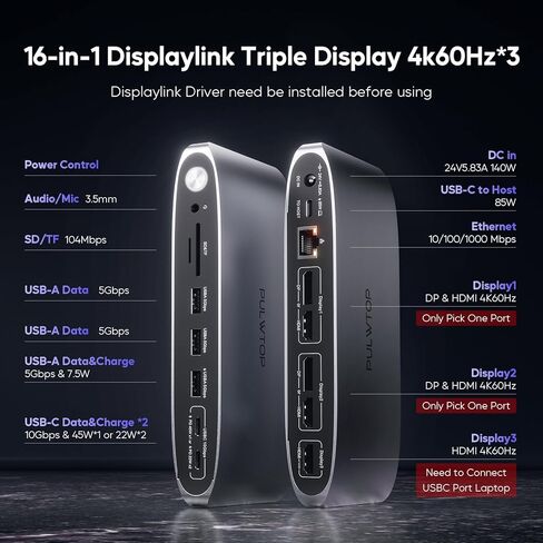 Displaylink Docking Station, Triple Display DisplayLink Dock for MacBook M1/M2/M3 Windows, 4K@60Hz Laptop Docking Station with 2 HDMI, 2 Display Port, PD, USB C Data, 4 USBA, Ethernet, Audio in Kuwait