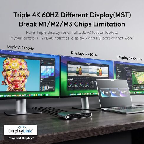Displaylink Docking Station, Triple Display DisplayLink Dock for MacBook M1/M2/M3 Windows, 4K@60Hz Laptop Docking Station with 2 HDMI, 2 Display Port, PD, USB C Data, 4 USBA, Ethernet, Audio in Kuwait