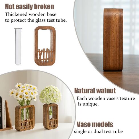 Solid Wood Frame Glass Test Tube Vase Desk Hydroponic Plant, Enhances Home and Office Environment, Small Size (Small) in Saudi Arabia
