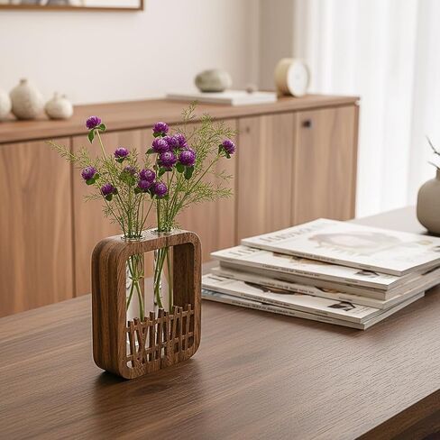 Solid Wood Frame Glass Test Tube Vase Desk Hydroponic Plant, Enhances Home and Office Environment, Small Size (Small) in Saudi Arabia