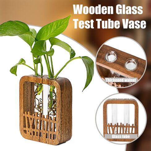 Solid Wood Frame Glass Test Tube Vase Desk Hydroponic Plant, Enhances Home and Office Environment, Small Size (Small) in Saudi Arabia
