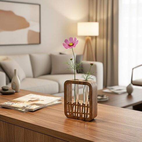 Solid Wood Frame Glass Test Tube Vase Desk Hydroponic Plant, Enhances Home and Office Environment, Small Size (Small) in Saudi Arabia