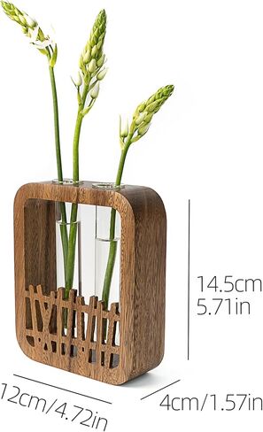 Solid Wood Frame Glass Test Tube Vase Desk Hydroponic Plant, Enhances Home and Office Environment, Small Size (Small) in Saudi Arabia