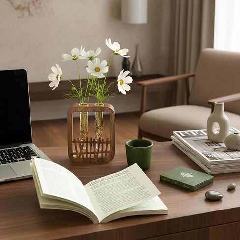 Solid Wood Frame Glass Test Tube Vase Desk Hydroponic Plant, Enhances Home and Office Environment, Small Size (Small) in Saudi Arabia