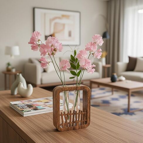 Solid Wood Frame Glass Test Tube Vase Desk Hydroponic Plant, Enhances Home and Office Environment, Small Size (Small) in Saudi Arabia