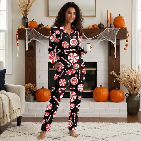 بيجامة الهالوين النسائية مجموعات بيجامة بأزرار سفلية Pjs WomanSleepwear Soft Pj Lounge Sets in Kuwait