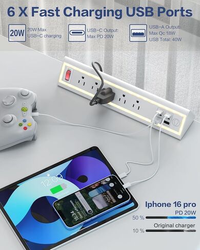 شريط الطاقة المشبك المكتبي مع ضوء الليل ، شحن سريع 40 واط ، سلك التمديد 6 أقدام ، منافذ USB-C و 2 USB 4x20W ، 3 منافذ التيار المتردد ، تناسب حواف الطاولة 1.69 بوصة in Kuwait
