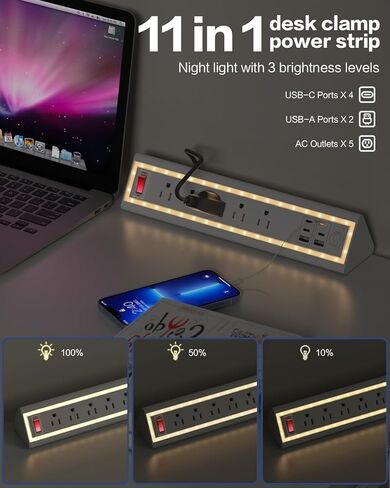 شريط الطاقة المشبك المكتبي مع ضوء الليل ، شحن سريع 40 واط ، سلك التمديد 6 أقدام ، منافذ USB-C و 2 USB 4x20W ، 3 منافذ التيار المتردد ، تناسب حواف الطاولة 1.69 بوصة in Kuwait
