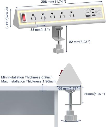 شريط الطاقة المشبك المكتبي مع ضوء الليل ، شحن سريع 40 واط ، سلك التمديد 6 أقدام ، منافذ USB-C و 2 USB 4x20W ، 3 منافذ التيار المتردد ، تناسب حواف الطاولة 1.69 بوصة in Kuwait