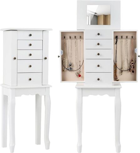 Goflame Dacking Jewelry Armoire Cabinet مع مرآة قمة أعلى ، صندوق مربع للمجوهرات مع 4 أدراج ، مقصورات أعلى ، 8 خطافات قلادة وأبواب جانبية ، منظم تخزين المجوهرات لغرفة النوم (أسود) in Kuwait