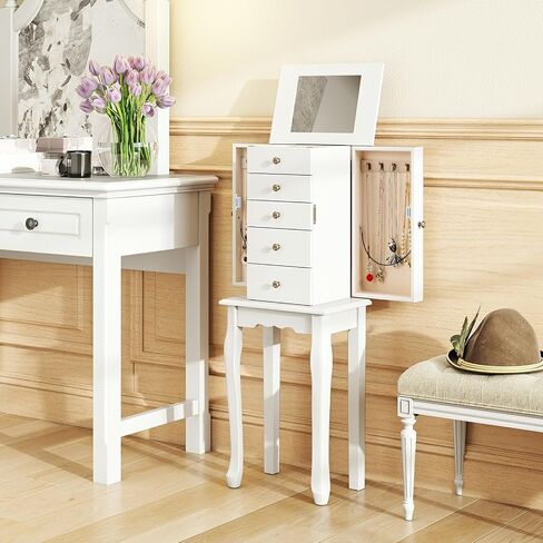Goflame Dacking Jewelry Armoire Cabinet مع مرآة قمة أعلى ، صندوق مربع للمجوهرات مع 4 أدراج ، مقصورات أعلى ، 8 خطافات قلادة وأبواب جانبية ، منظم تخزين المجوهرات لغرفة النوم (أسود) in Kuwait