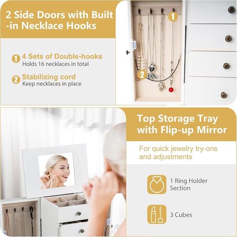 Goflame Dacking Jewelry Armoire Cabinet مع مرآة قمة أعلى ، صندوق مربع للمجوهرات مع 4 أدراج ، مقصورات أعلى ، 8 خطافات قلادة وأبواب جانبية ، منظم تخزين المجوهرات لغرفة النوم (أسود) in Kuwait