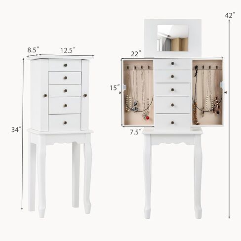 Goflame Dacking Jewelry Armoire Cabinet مع مرآة قمة أعلى ، صندوق مربع للمجوهرات مع 4 أدراج ، مقصورات أعلى ، 8 خطافات قلادة وأبواب جانبية ، منظم تخزين المجوهرات لغرفة النوم (أسود) in Kuwait