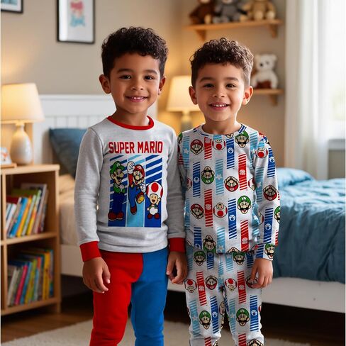 Super Mario 4 Piece Pajama Set - Toddler Boys PJ Set with Long Sleeve Shirt & Pants - Kids Sleepwear Set - Official License in Saudi Arabia