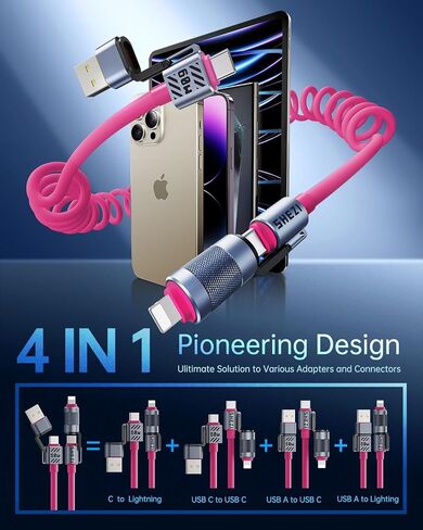 4-in-1 Coiled USB C Cable for Car [60W Fast Charging] USB C to Lightning Cable [CarPlay&Android Auto] Charger Cord with L/Type C/USB A Multi Ports for iPhone/iPad-5ft Yellow (SHEZI-Series) in Saudi Arabia