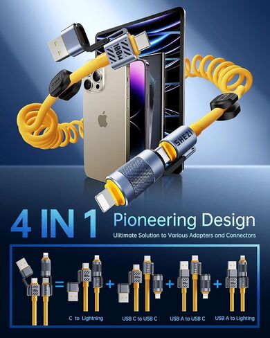 كابل USB C Cable 4-in-1 للسيارة [60W الشحن السريع] USB C إلى كبل البرق [Carplay & Android Auto] سلك الشاحن مع L/Type C/USB منافذ متعددة لـ iPhone/iPad-5ft Yellow (Shezi-Series) in Kuwait