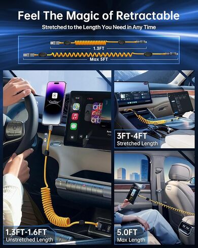 كابل USB C Cable 4-in-1 للسيارة [60W الشحن السريع] USB C إلى كبل البرق [Carplay & Android Auto] سلك الشاحن مع L/Type C/USB منافذ متعددة لـ iPhone/iPad-5ft Yellow (Shezi-Series) in Kuwait
