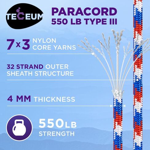 Teceum Paracord Type III 550 Green Wave-50 ft-4mm-tactical rope mil-spec-ourdive para cord-camping meathing fishing and equipment in Kuwait