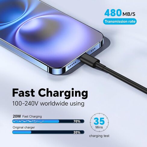 USB C Charger Block,20W Phone 16 Fast Charging Wall Charger with 6TF/10FT Type C to USB-C Cable,Compatible with Phone 16/16 Plus/16 Pro/16 Pro Max/15/15 Pro Max/Pad and More,Pink in Saudi Arabia