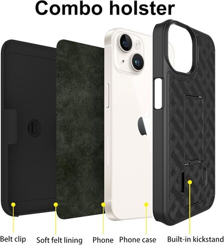 Ailiber Compatible with iPhone 16e Phone Case, iPhone 16E 2025 Belt Clip Case Holster with Screen Protector, Swivel Kickstand Holder, Slim Shockproof Slide Shell Pouch Cell Phone Cover-Black in Saudi Arabia