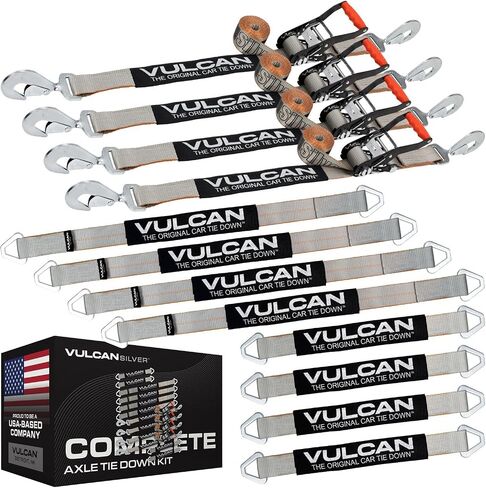 VULCAN Ultimate Axle Tie Down Kit - Classic Yellow - Includes (2) 22 Inch Axle Straps, (2) 36 Inch Axle Straps, (2) 96 Inch Snap Hook Ratchet Straps, and (2) 112 Inch Axle Tie Down Combination Straps in Kuwait