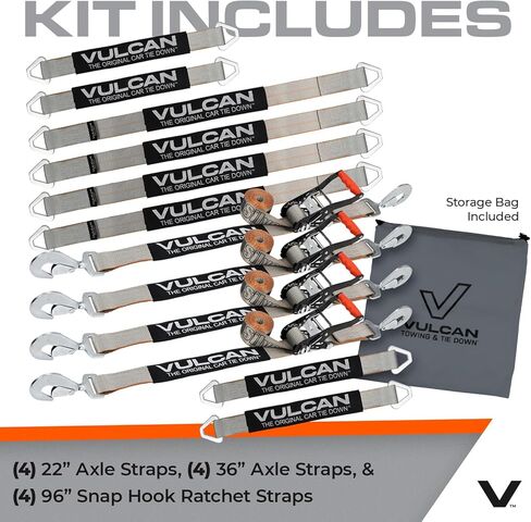 VULCAN Ultimate Axle Tie Down Kit - Classic Yellow - Includes (2) 22 Inch Axle Straps, (2) 36 Inch Axle Straps, (2) 96 Inch Snap Hook Ratchet Straps, and (2) 112 Inch Axle Tie Down Combination Straps in Kuwait