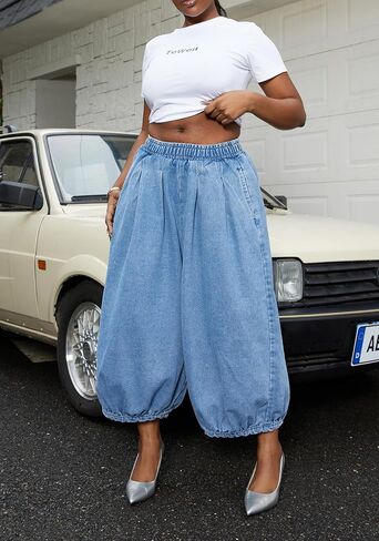 LKOUS Women's Causal Wide Leg Jeans,High Waisted Baggy Cropped Denim Pant with Pockets in Saudi Arabia