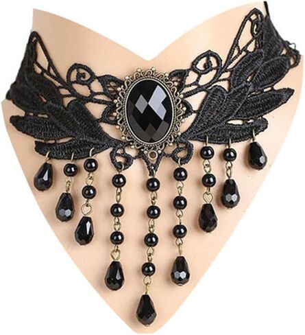 coadipress Black Lace Choker Necklace for Women Elegant Gothic Lace Necklace Steampunk Black Crystal Tassel Vampire Chain Necklace Halloween Sexy Party Costume Vintage Thick Choker in Saudi Arabia