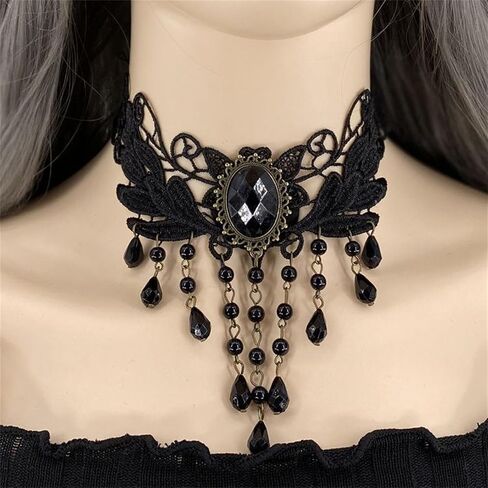 coadipress Black Lace Choker Necklace for Women Elegant Gothic Lace Necklace Steampunk Black Crystal Tassel Vampire Chain Necklace Halloween Sexy Party Costume Vintage Thick Choker in Saudi Arabia