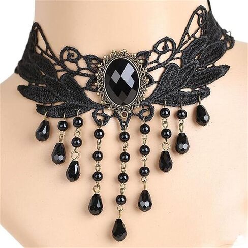 coadipress Black Lace Choker Necklace for Women Elegant Gothic Lace Necklace Steampunk Black Crystal Tassel Vampire Chain Necklace Halloween Sexy Party Costume Vintage Thick Choker in Saudi Arabia