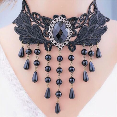 coadipress Black Lace Choker Necklace for Women Elegant Gothic Lace Necklace Steampunk Black Crystal Tassel Vampire Chain Necklace Halloween Sexy Party Costume Vintage Thick Choker in Saudi Arabia