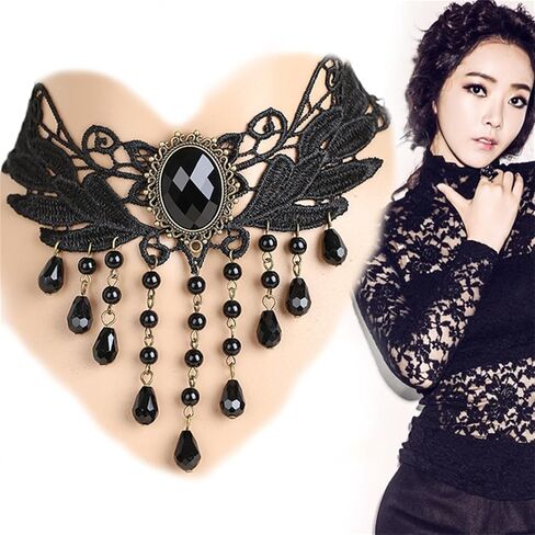 coadipress Black Lace Choker Necklace for Women Elegant Gothic Lace Necklace Steampunk Black Crystal Tassel Vampire Chain Necklace Halloween Sexy Party Costume Vintage Thick Choker in Saudi Arabia