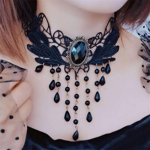 coadipress Black Lace Choker Necklace for Women Elegant Gothic Lace Necklace Steampunk Black Crystal Tassel Vampire Chain Necklace Halloween Sexy Party Costume Vintage Thick Choker in Saudi Arabia