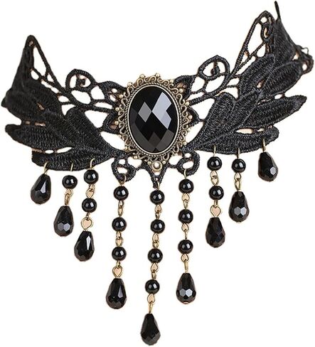 coadipress Black Lace Choker Necklace for Women Elegant Gothic Lace Necklace Steampunk Black Crystal Tassel Vampire Chain Necklace Halloween Sexy Party Costume Vintage Thick Choker in Saudi Arabia