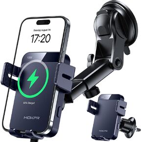 شاحن السيارات اللاسلكي MOKPR ، 15W Auto Clamping Car Charger Dash Air Vent Holder Air Phone Moster مع iPhone 16 15 14/13/13 Pro/12 Pro/12/11/X/8 ، Samsung S24/S23/S22 in Kuwait