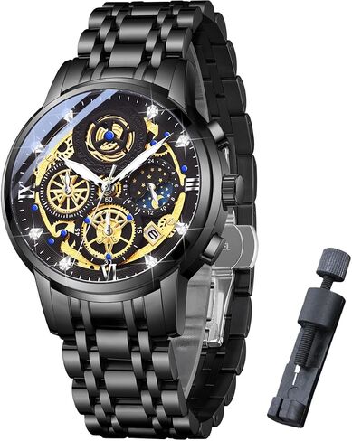 Moon Phase Watch for Men Multifunction Chronograph Dial Analog Quartz Wristwatch Luxury Diamond Business Dress Watch with Luminous Waterproof Calendar Stainless Steel Strap in Saudi Arabia