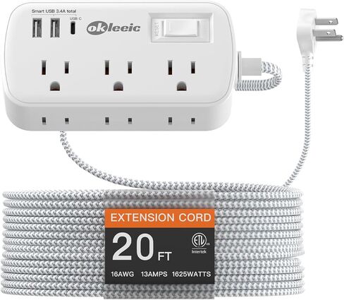 Short Extension Cord 2 Foot - Flat Plug Small Power Strip Surge Protetor with 6 Outlets 3 USB (5V/3.4A 17W) Charging Ports, Multi Plug Wall Outlet Splitter for Home Office Dorm Roomc, White in Kuwait