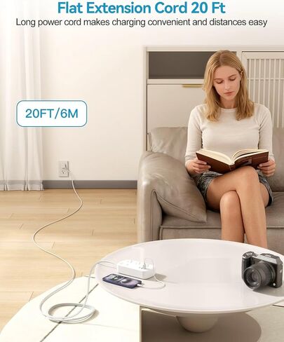 Short Extension Cord 2 Foot - Flat Plug Small Power Strip Surge Protetor with 6 Outlets 3 USB (5V/3.4A 17W) Charging Ports, Multi Plug Wall Outlet Splitter for Home Office Dorm Roomc, White in Kuwait