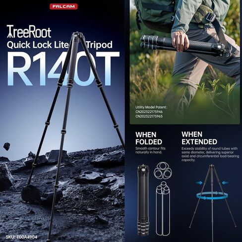 FALCAM TreeRoot F38 Quick Lock Lite Carbon Fiber Travel Tripod with Ball Head Load Capacity 3kg/6.6lbs, Max Vertical Payload 40Kg/88lbs for Cameras (C141K-301) in Saudi Arabia