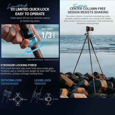 FALCAM TreeRoot F38 Quick Lock Lite Carbon Fiber Travel Tripod with Ball Head Load Capacity 3kg/6.6lbs, Max Vertical Payload 40Kg/88lbs for Cameras (C141K-301) in Saudi Arabia