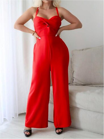WDIRARA Women's Cut Out Twist Front Criss Cross Tie Back Sleeveless Wide Leg Cami Jumpsuit in Saudi Arabia