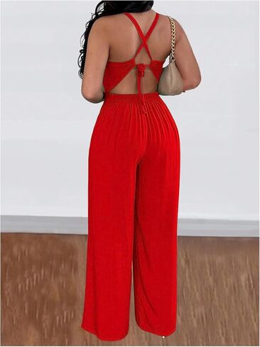 WDIRARA Women's Cut Out Twist Front Criss Cross Tie Back Sleeveless Wide Leg Cami Jumpsuit in Saudi Arabia