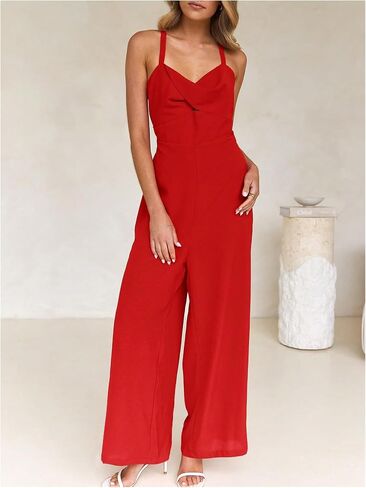 WDIRARA Women's Cut Out Twist Front Criss Cross Tie Back Sleeveless Wide Leg Cami Jumpsuit in Saudi Arabia