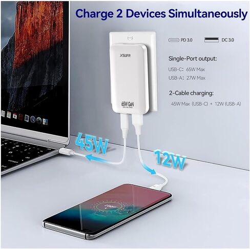 65W Flat USB c Wall Charger,Folding Travel Dual Port USB Wall Charger, for Laptops, Tablets, Phones, Black (Black-New) in Kuwait