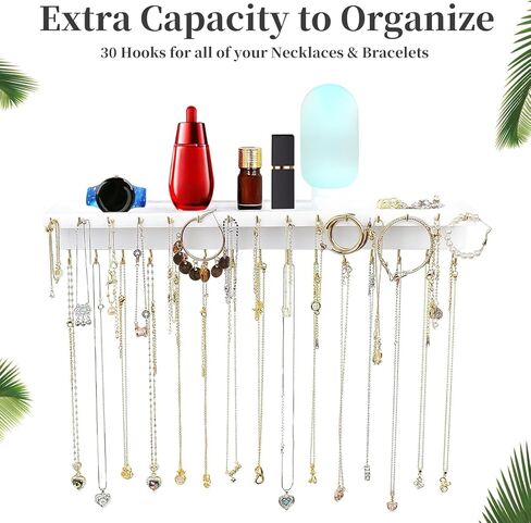 حامل قلادة ، 2 عبوة منظم قلادة منظم مثبتة على الحائط ، تخزين كبير إضافي 30 خطاف منظم شماعات المجوهرات الخشبية للتعليق الخالي من القلادات الطويلة- أبيض in Kuwait