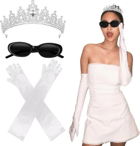 Princess White Tiara Gloves Sunglasses Headphones, Princess Costume Accessories Women Bachelorette Party Decorations in Kuwait